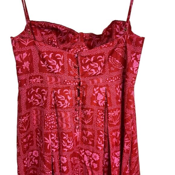 Agua Bendita Red Mambo Ipanema Escarlata Red Linen Printed Midi Summer Dress, XL - Picture 7 of 16